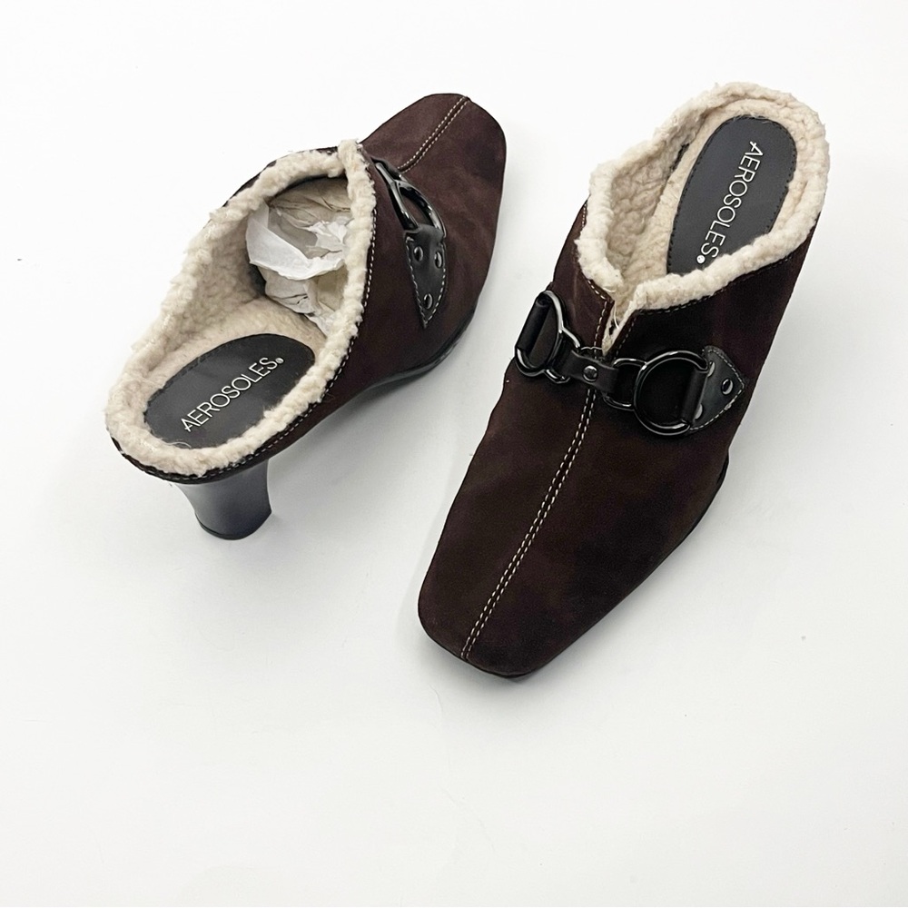 AEROSOLES Cinchshearly Chocolate Brown Leather Shearling Lined Slip On Mules 8.5